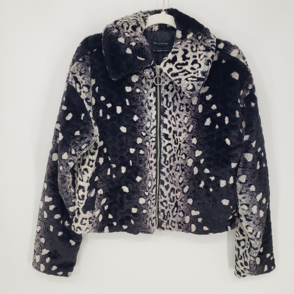 Urban Outfitters Black & White Faux Fur Animal Print Zip Jacket
